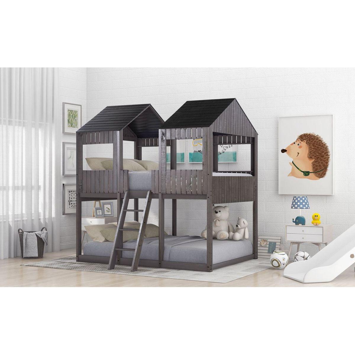 Full Over Full WoodBunk Bed with Roof, Window, Guardrail, Ladder(Antique Gray)