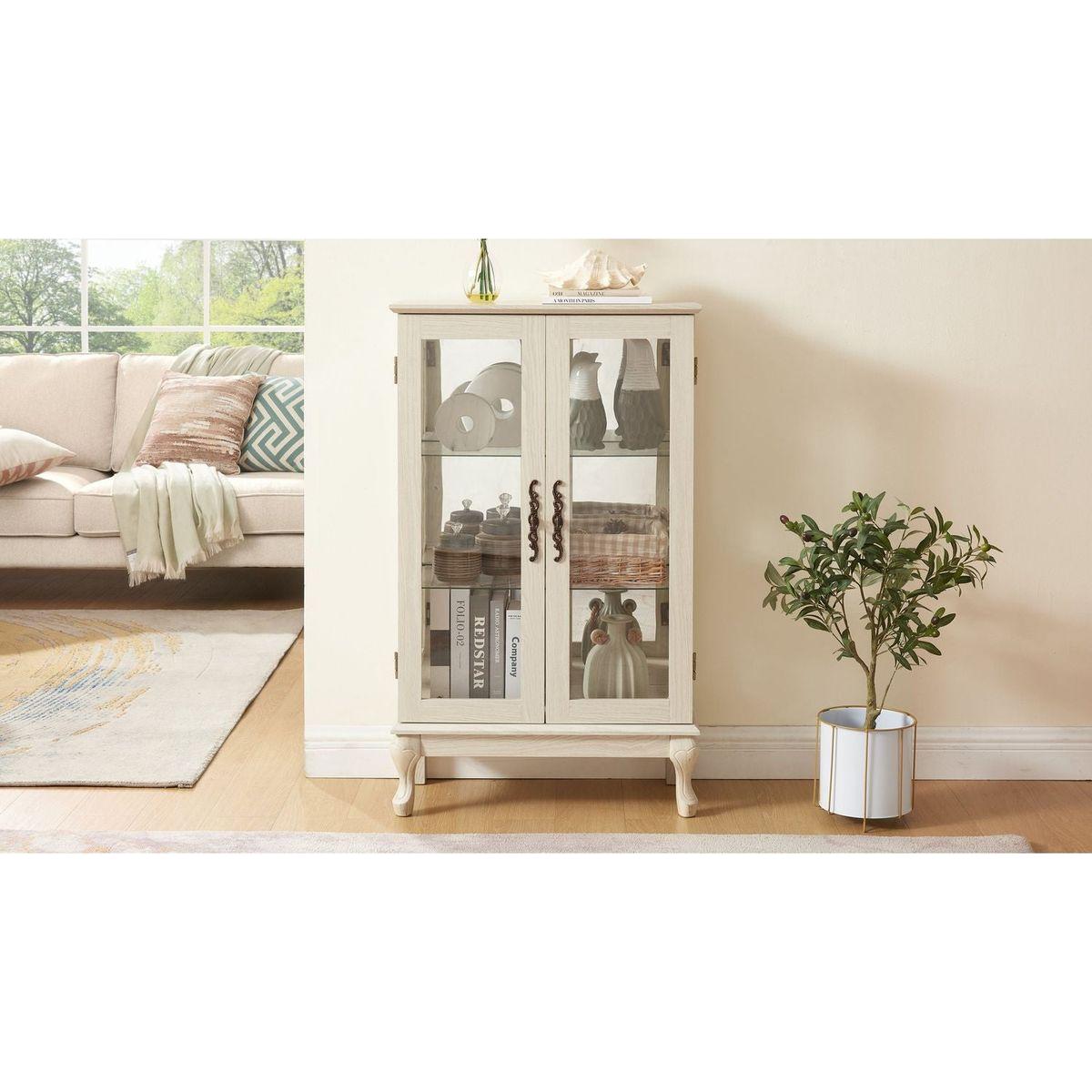 2 Doors Curio Cabinet with Tempered Glass Doors, Curio Cabinets with Mirrored Back Panel and Adjustable Shelves, Lighted Display Cabinet for Home, Office Light Bulb Included White