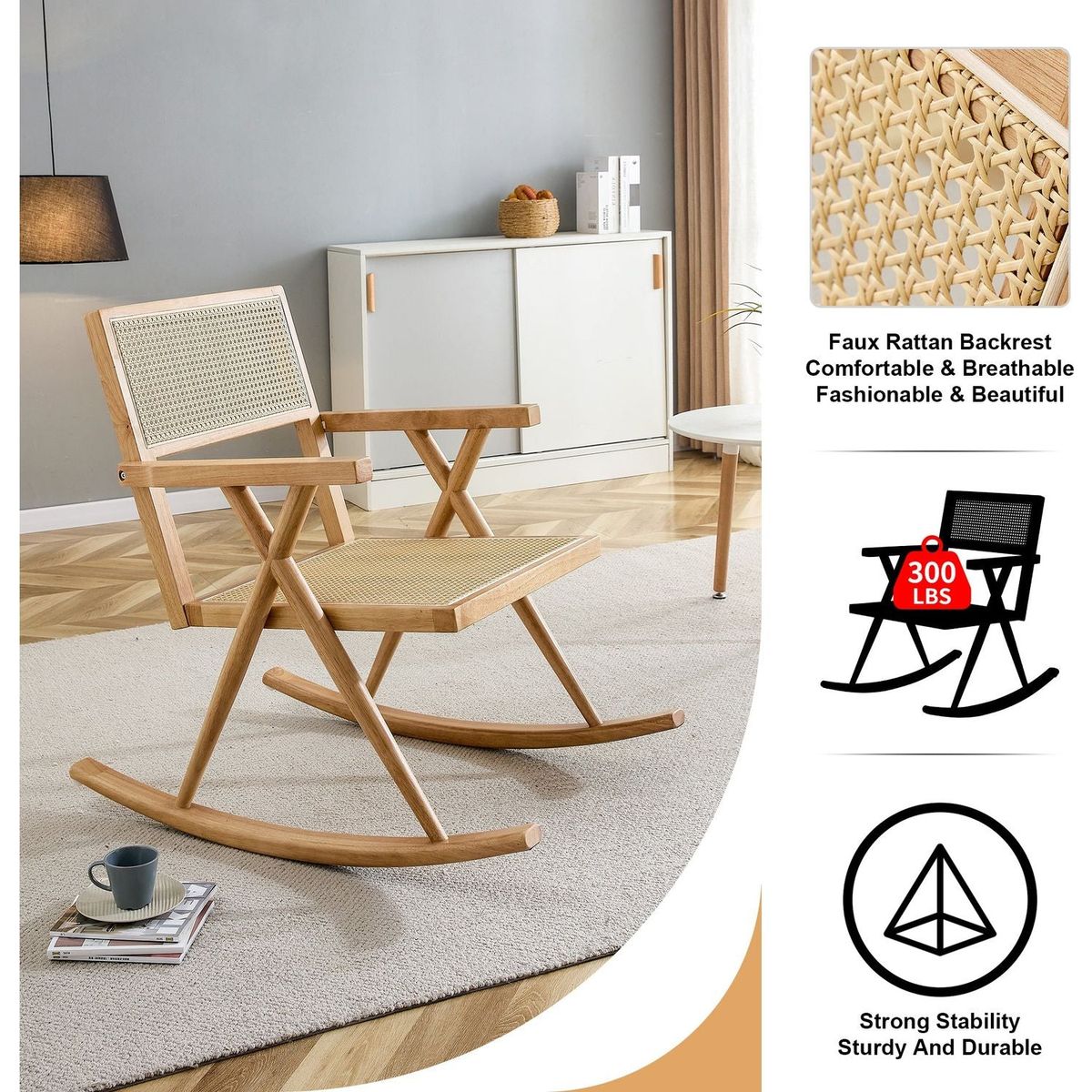 Solid wood+imitation rattan rocking chair allows you to relax quietly indoors and outdoors, enhancing your sense of relaxation, suitable for balconies, gardens, and camping sites