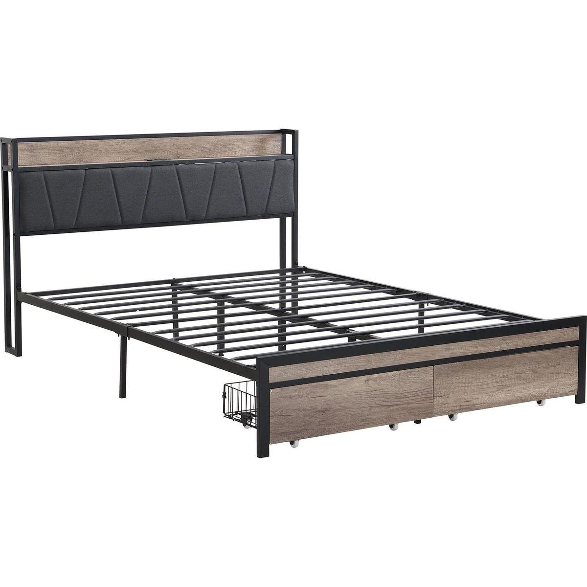 FULL Size Metal Platform Bed Frame with upholstery storage function Headboard and USB LINER and Footboard with drawers, No Box Spring Needed, Large Under Bed Storage, Easy Assemble