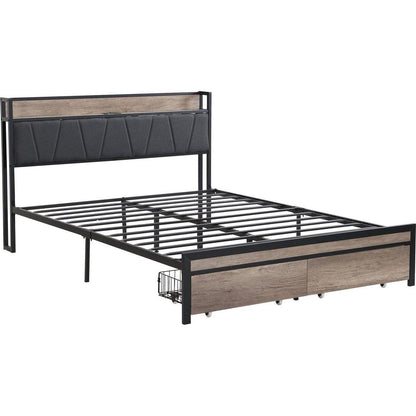 FULL Size Metal Platform Bed Frame with upholstery storage function Headboard and USB LINER and Footboard with drawers, No Box Spring Needed, Large Under Bed Storage, Easy Assemble