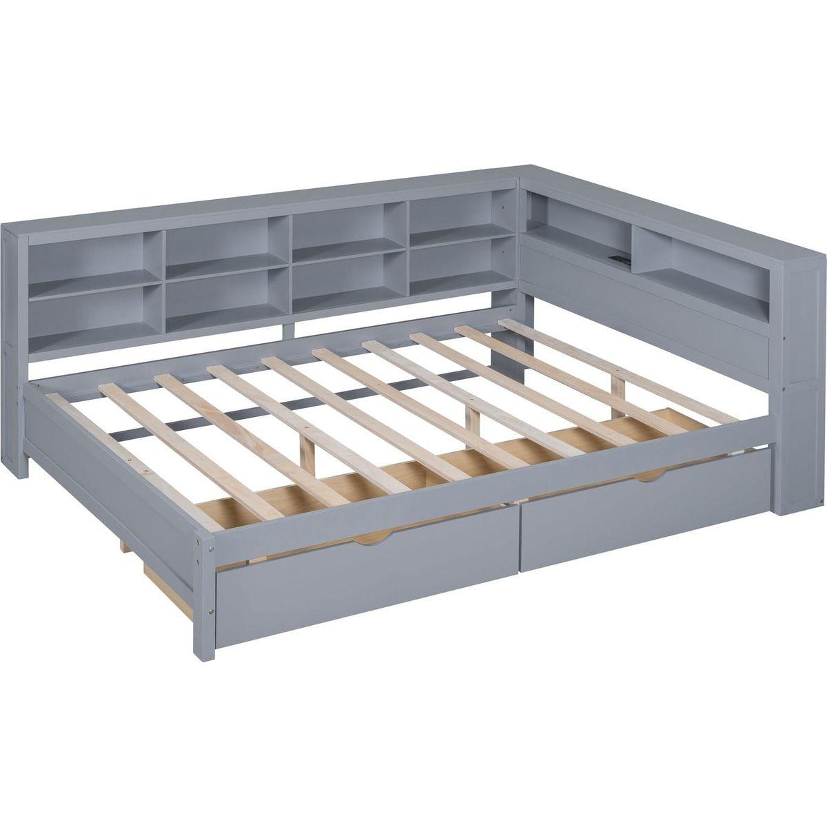 Wooden Full Size DayBed with 2 Drawers, DayBed with Storage Shelf and USB Charging Ports,Grey - Streamdale Furniture