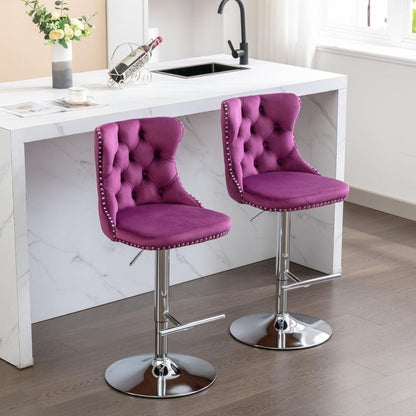 Swivel Velvet Barstools Adjusatble Seat Height from 25-33 Inch, Chrome base Bar Stools with Backs Comfortable Tufted for Home Pub and Kitchen Island, Purple,Set of 2