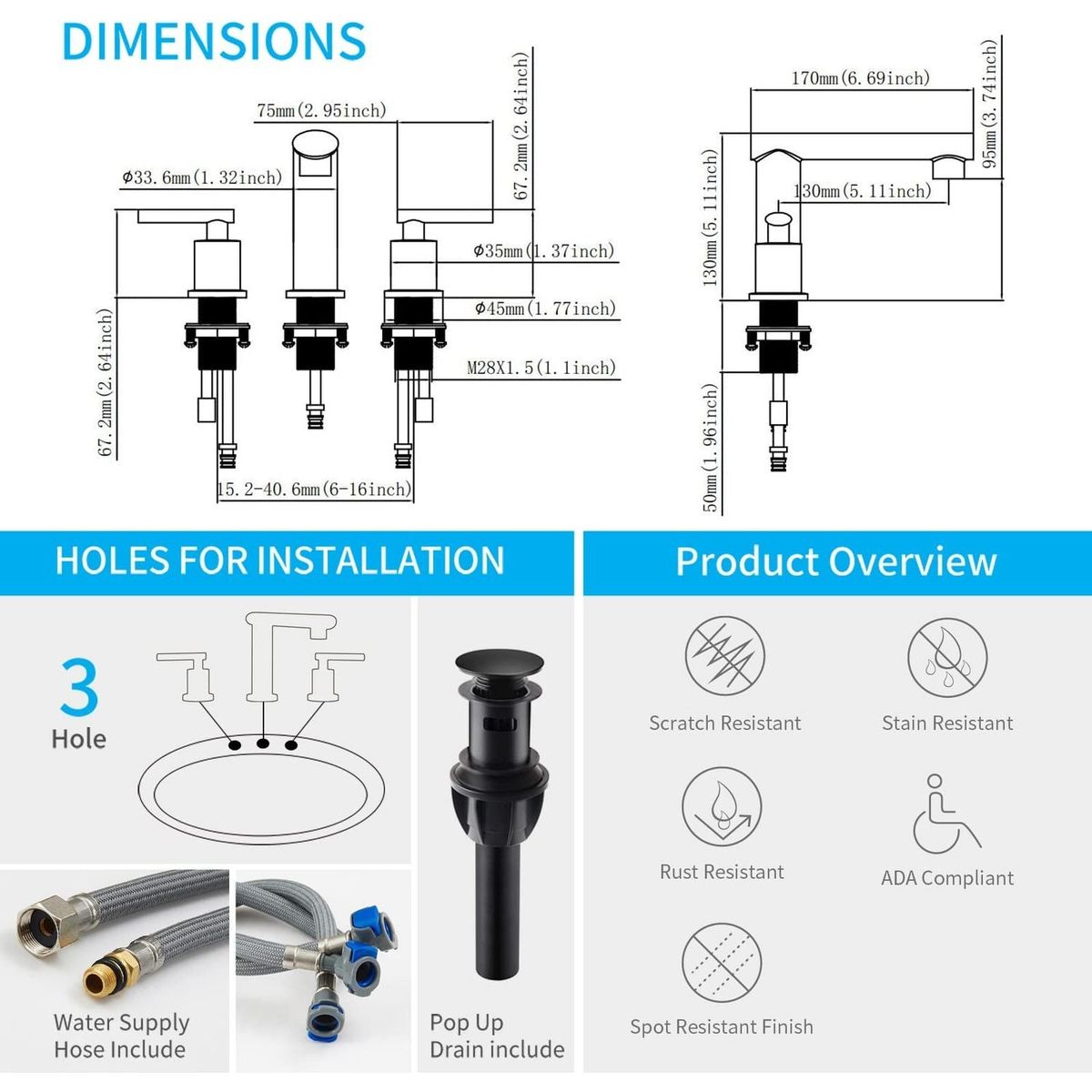 Matte Black Widespread Bathroom Faucet, Waterfall Bathroom Faucets for Sink 3 Hole, 2-Handles Modern Vanity Faucet with Pop Up Drain Assembly and Lead-Free Supply Hose,8-Inch