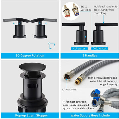 Matte Black Widespread Bathroom Faucet, Waterfall Bathroom Faucets for Sink 3 Hole, 2-Handles Modern Vanity Faucet with Pop Up Drain Assembly and Lead-Free Supply Hose,8-Inch