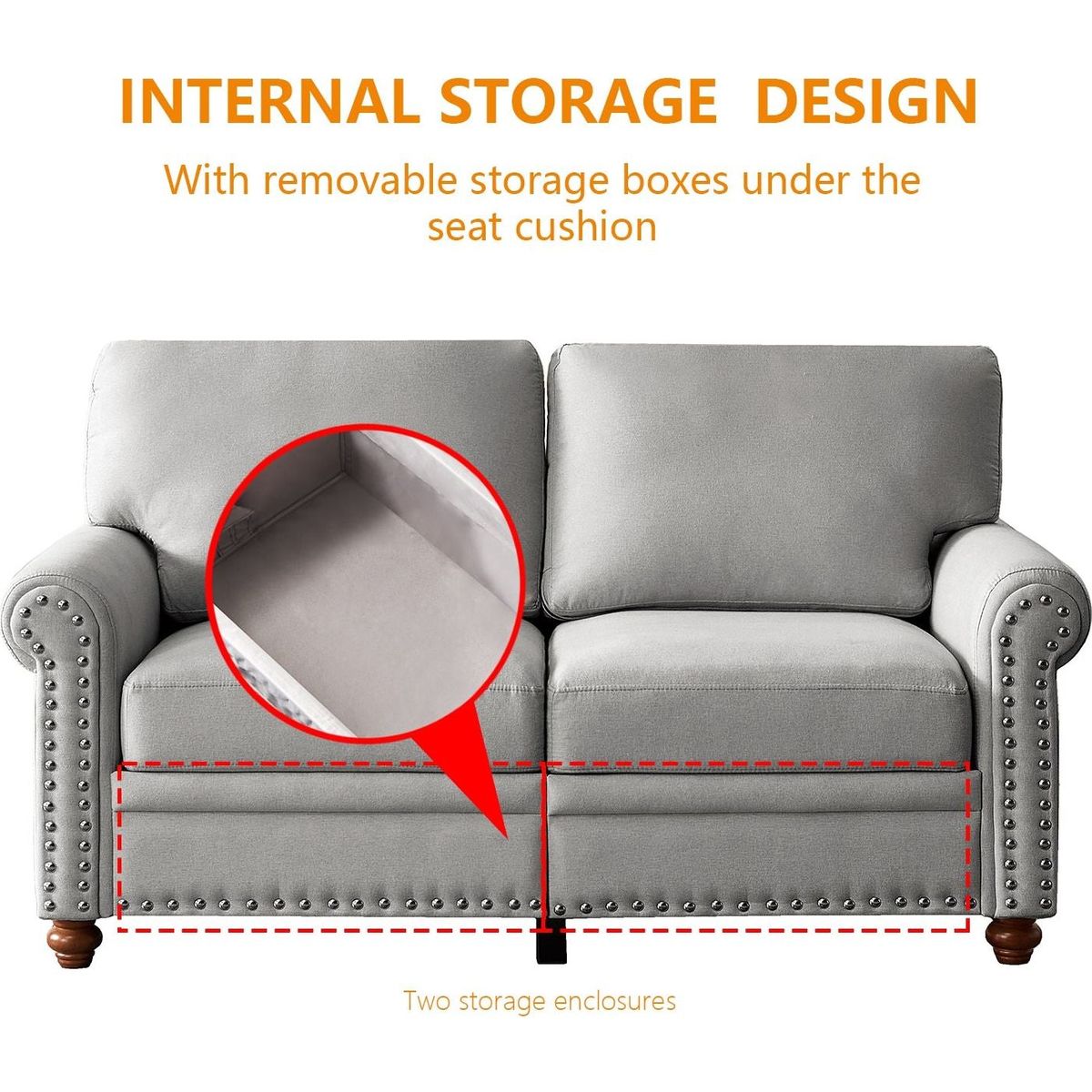 Linen Fabric Upholstery with Storage Loveseat (Grey)