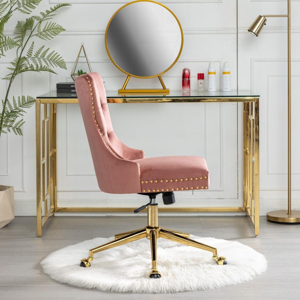 Office Chair,Velvet Upholstered Tufted Button Home Office Chair with Golden Metal Base,Adjustable Desk Chair Swivel Office Chair (Pink)