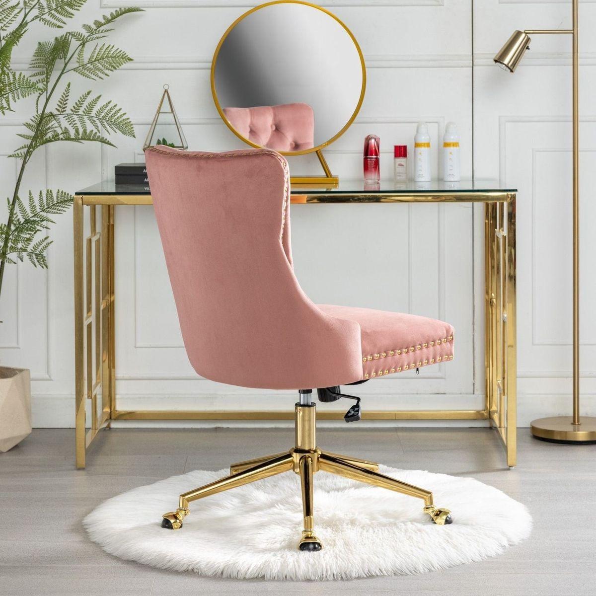 Office Chair,Velvet Upholstered Tufted Button Home Office Chair with Golden Metal Base,Adjustable Desk Chair Swivel Office Chair (Pink)