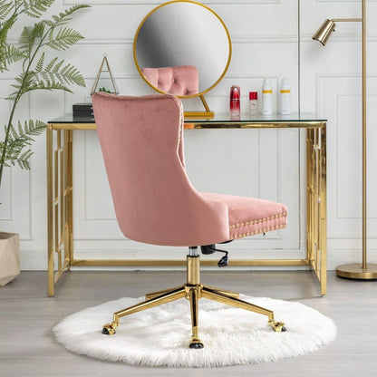 Office Chair,Velvet Upholstered Tufted Button Home Office Chair with Golden Metal Base,Adjustable Desk Chair Swivel Office Chair (Pink)