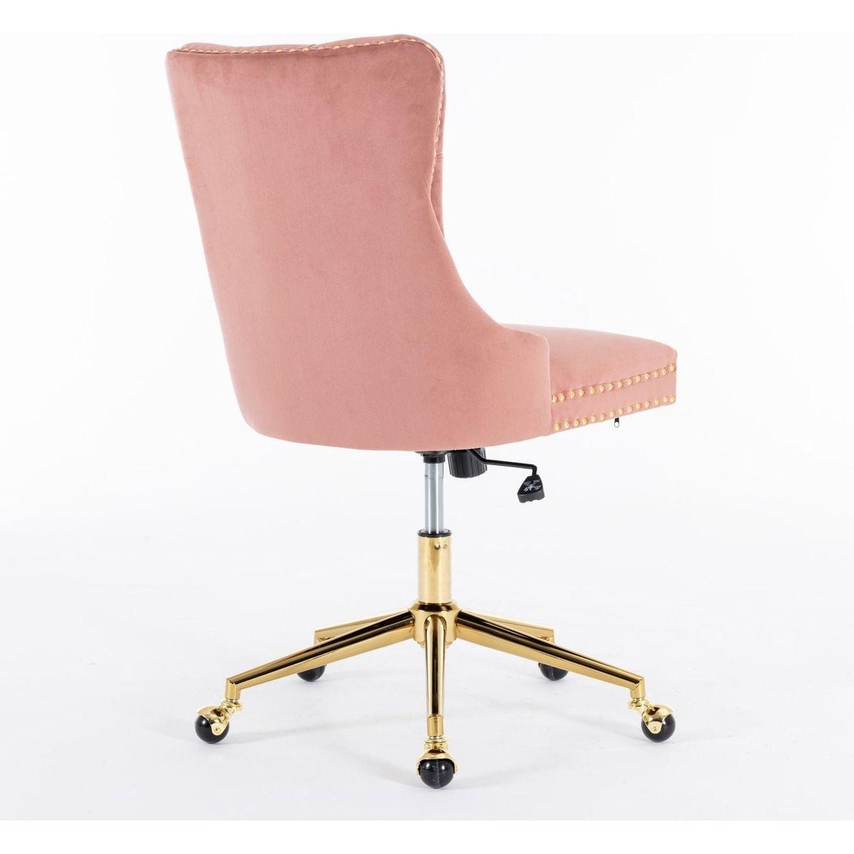 Office Chair,Velvet Upholstered Tufted Button Home Office Chair with Golden Metal Base,Adjustable Desk Chair Swivel Office Chair (Pink)