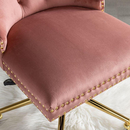 Office Chair,Velvet Upholstered Tufted Button Home Office Chair with Golden Metal Base,Adjustable Desk Chair Swivel Office Chair (Pink)
