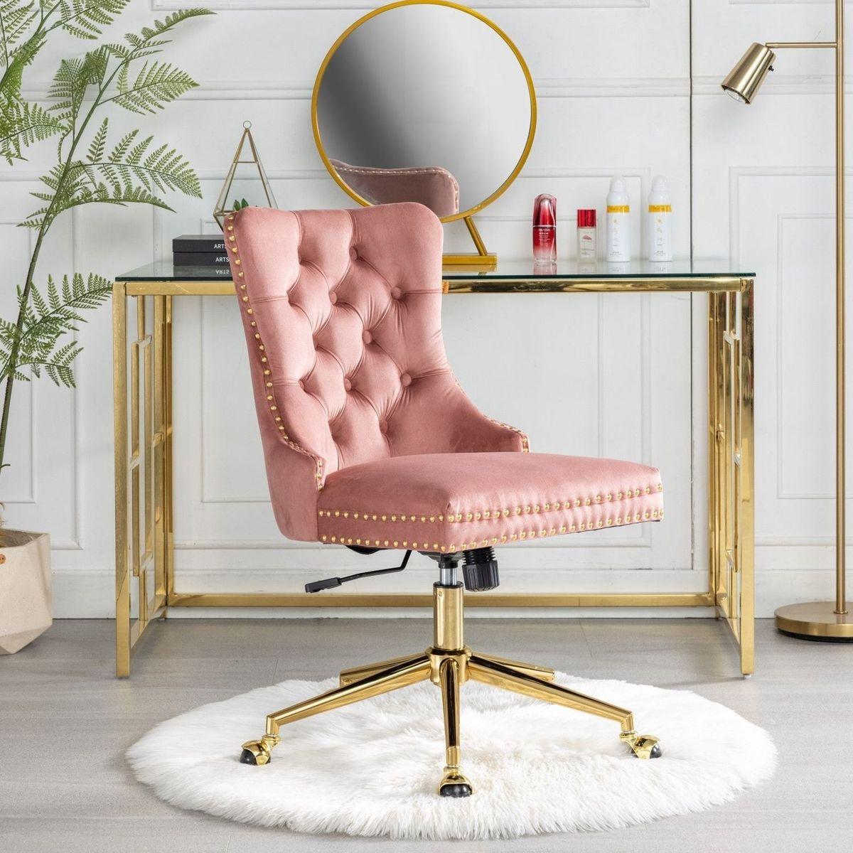 Office Chair,Velvet Upholstered Tufted Button Home Office Chair with Golden Metal Base,Adjustable Desk Chair Swivel Office Chair (Pink)
