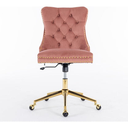 Office Chair,Velvet Upholstered Tufted Button Home Office Chair with Golden Metal Base,Adjustable Desk Chair Swivel Office Chair (Pink)
