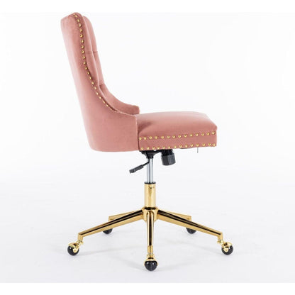 Office Chair,Velvet Upholstered Tufted Button Home Office Chair with Golden Metal Base,Adjustable Desk Chair Swivel Office Chair (Pink)
