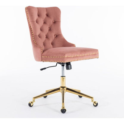 Office Chair,Velvet Upholstered Tufted Button Home Office Chair with Golden Metal Base,Adjustable Desk Chair Swivel Office Chair (Pink)