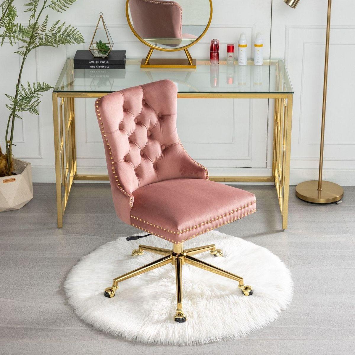 Office Chair,Velvet Upholstered Tufted Button Home Office Chair with Golden Metal Base,Adjustable Desk Chair Swivel Office Chair (Pink)