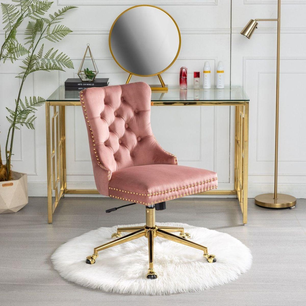 Office Chair,Velvet Upholstered Tufted Button Home Office Chair with Golden Metal Base,Adjustable Desk Chair Swivel Office Chair (Pink)