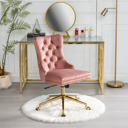 Office Chair,Velvet Upholstered Tufted Button Home Office Chair with Golden Metal Base,Adjustable Desk Chair Swivel Office Chair (Pink)