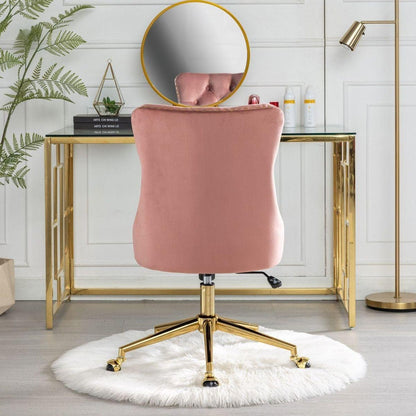 Office Chair,Velvet Upholstered Tufted Button Home Office Chair with Golden Metal Base,Adjustable Desk Chair Swivel Office Chair (Pink)