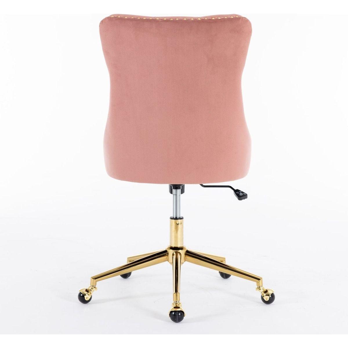 Office Chair,Velvet Upholstered Tufted Button Home Office Chair with Golden Metal Base,Adjustable Desk Chair Swivel Office Chair (Pink)