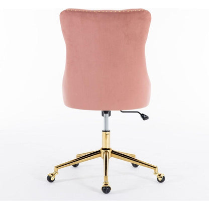 Office Chair,Velvet Upholstered Tufted Button Home Office Chair with Golden Metal Base,Adjustable Desk Chair Swivel Office Chair (Pink)