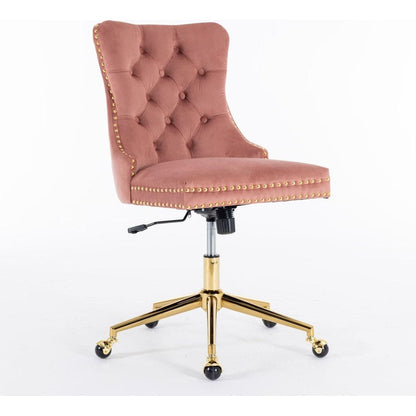 Office Chair,Velvet Upholstered Tufted Button Home Office Chair with Golden Metal Base,Adjustable Desk Chair Swivel Office Chair (Pink)