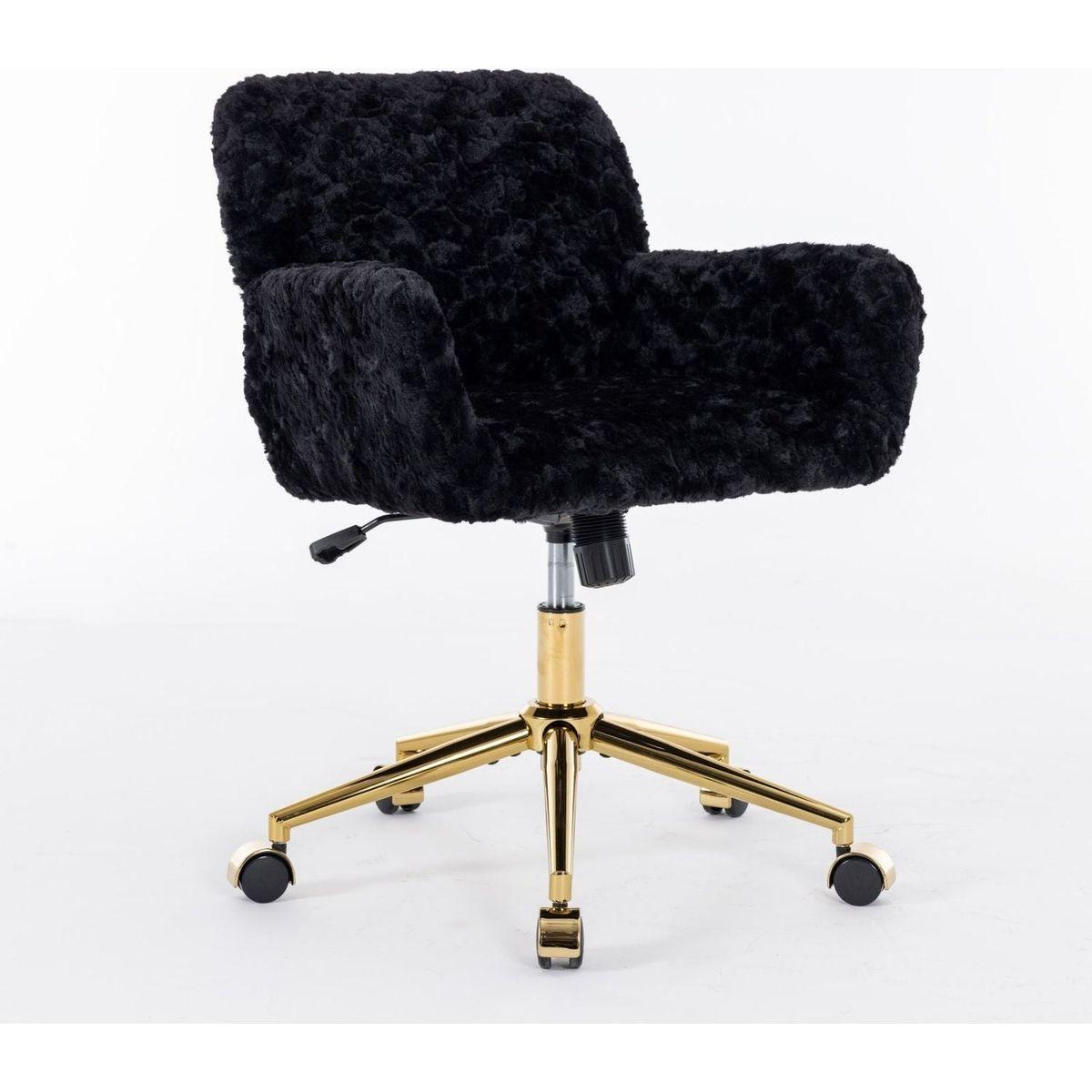 Office Chair,Artificial rabbit hair Home Office Chair with Golden Metal Base,Adjustable Desk Chair Swivel Office Chair,Vanity Chair(Black)
