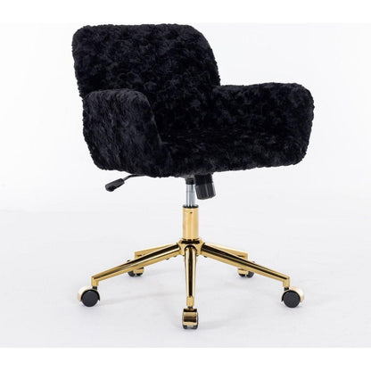 Office Chair,Artificial rabbit hair Home Office Chair with Golden Metal Base,Adjustable Desk Chair Swivel Office Chair,Vanity Chair(Black)