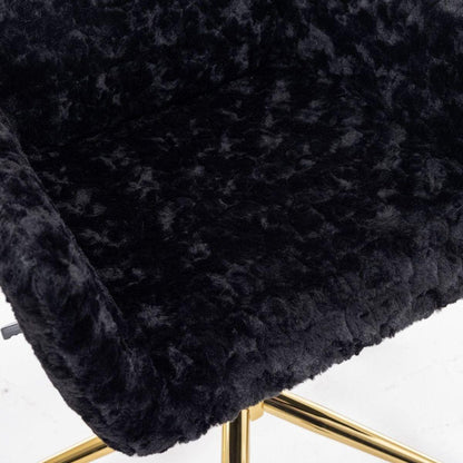 Office Chair,Artificial rabbit hair Home Office Chair with Golden Metal Base,Adjustable Desk Chair Swivel Office Chair,Vanity Chair(Black)