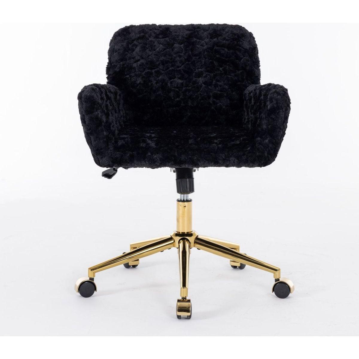 Office Chair,Artificial rabbit hair Home Office Chair with Golden Metal Base,Adjustable Desk Chair Swivel Office Chair,Vanity Chair(Black)
