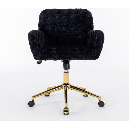 Office Chair,Artificial rabbit hair Home Office Chair with Golden Metal Base,Adjustable Desk Chair Swivel Office Chair,Vanity Chair(Black)