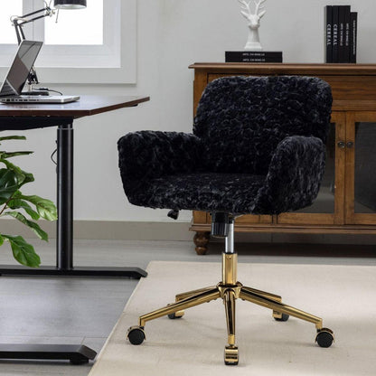 Office Chair,Artificial rabbit hair Home Office Chair with Golden Metal Base,Adjustable Desk Chair Swivel Office Chair,Vanity Chair(Black)