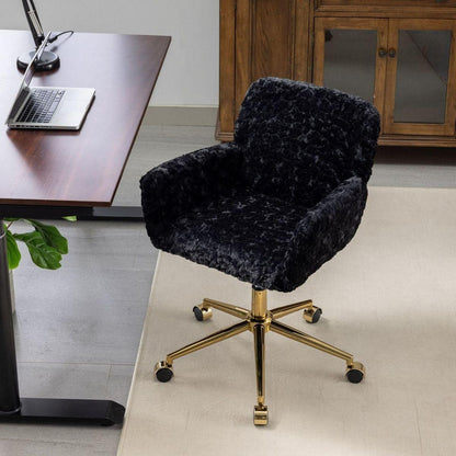 Office Chair,Artificial rabbit hair Home Office Chair with Golden Metal Base,Adjustable Desk Chair Swivel Office Chair,Vanity Chair(Black)