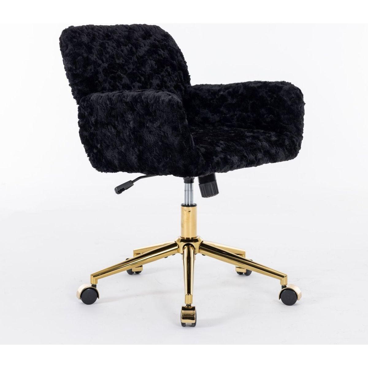 Office Chair,Artificial rabbit hair Home Office Chair with Golden Metal Base,Adjustable Desk Chair Swivel Office Chair,Vanity Chair(Black)