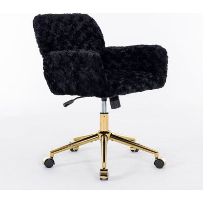 Office Chair,Artificial rabbit hair Home Office Chair with Golden Metal Base,Adjustable Desk Chair Swivel Office Chair,Vanity Chair(Black)