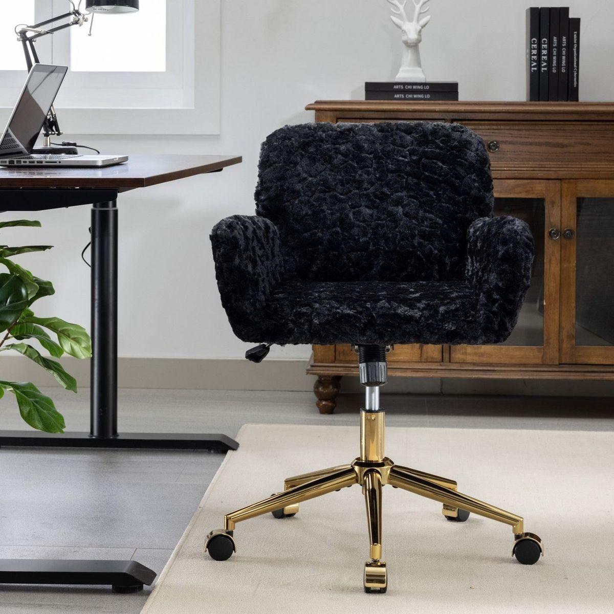 Office Chair,Artificial rabbit hair Home Office Chair with Golden Metal Base,Adjustable Desk Chair Swivel Office Chair,Vanity Chair(Black)
