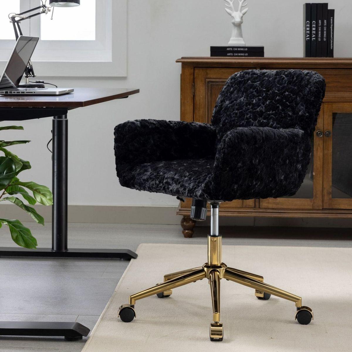 Office Chair,Artificial rabbit hair Home Office Chair with Golden Metal Base,Adjustable Desk Chair Swivel Office Chair,Vanity Chair(Black)