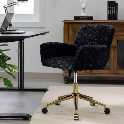 Office Chair,Artificial rabbit hair Home Office Chair with Golden Metal Base,Adjustable Desk Chair Swivel Office Chair,Vanity Chair(Black)