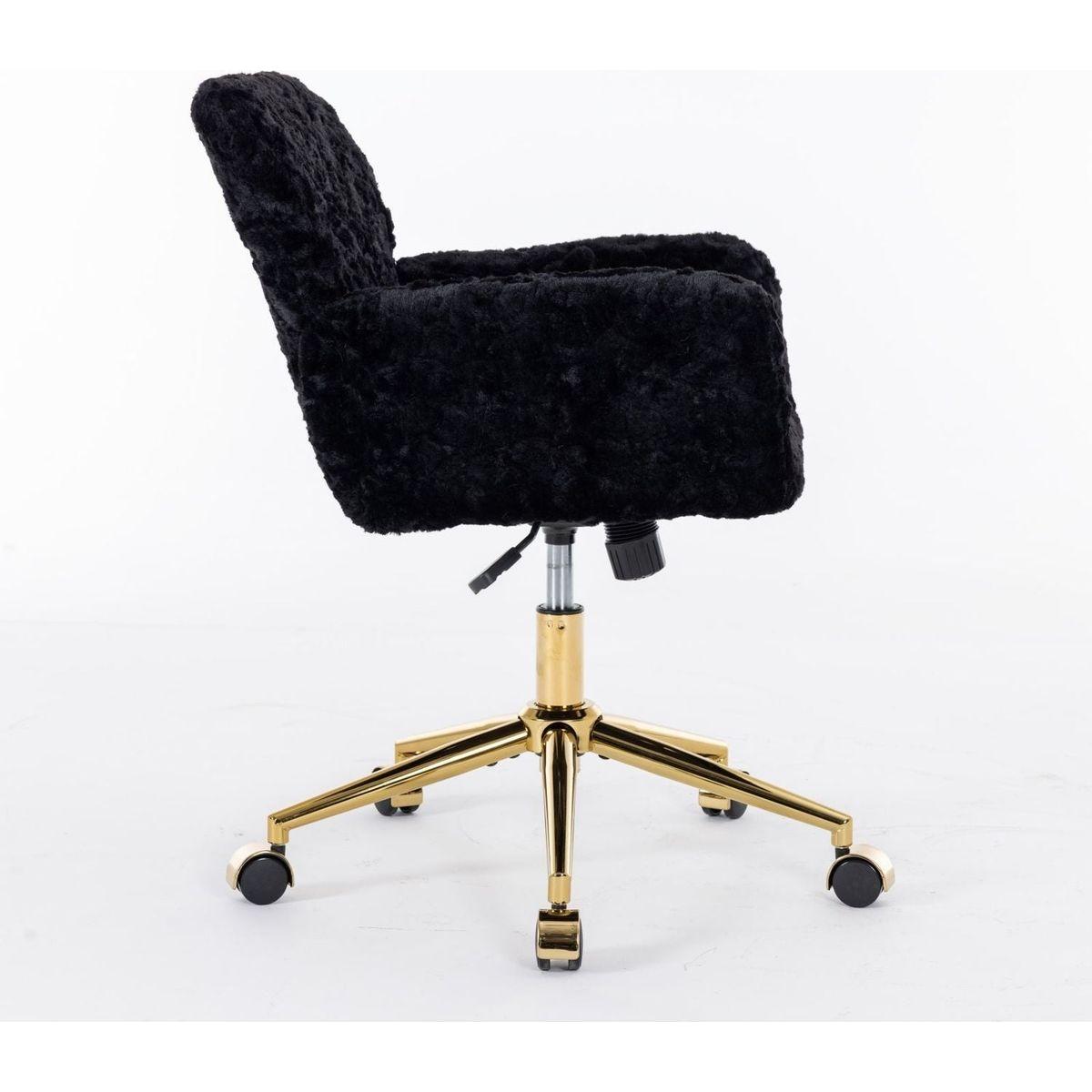 Office Chair,Artificial rabbit hair Home Office Chair with Golden Metal Base,Adjustable Desk Chair Swivel Office Chair,Vanity Chair(Black)