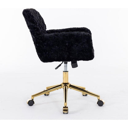 Office Chair,Artificial rabbit hair Home Office Chair with Golden Metal Base,Adjustable Desk Chair Swivel Office Chair,Vanity Chair(Black)