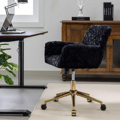 Office Chair,Artificial rabbit hair Home Office Chair with Golden Metal Base,Adjustable Desk Chair Swivel Office Chair,Vanity Chair(Black)
