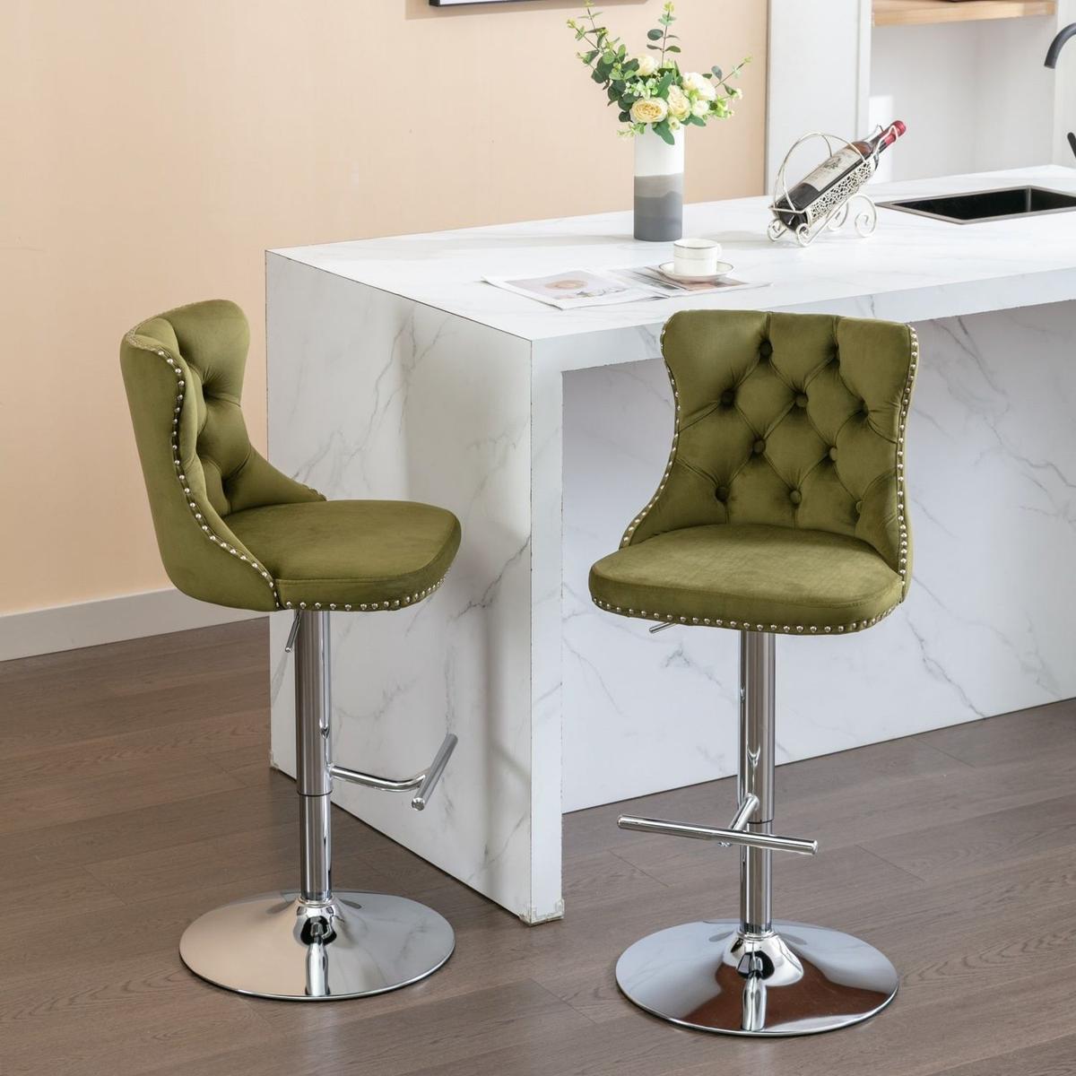 Swivel Velvet Barstools Adjusatble Seat Height from 25-33 Inch, Modern Upholstered Chrome base Bar Stools with Backs Comfortable Tufted for Home Pub and Kitchen Island, Olive-Green,Set of 2