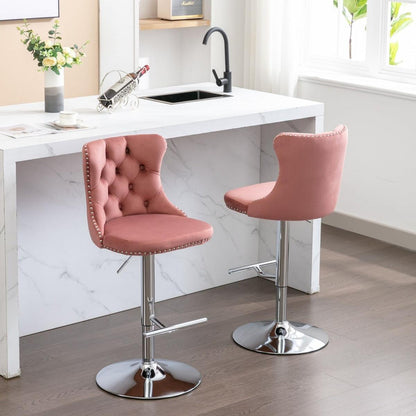 Swivel Velvet Barstools Adjusatble Seat Height from 25-33 Inch, Modern Upholstered Chrome base Bar Stools with Backs Comfortable Tufted for Home Pub and Kitchen Island, Pink,Set of 2