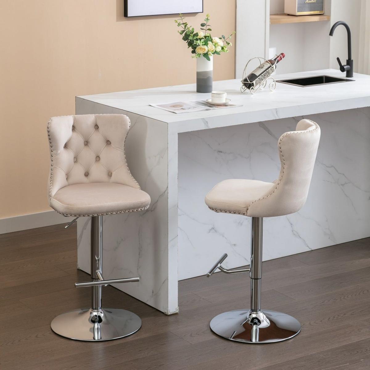Swivel Velvet Barstools Adjusatble Seat Height from 25-33 Inch, Modern Upholstered Chrome base Bar Stools with Backs Comfortable Tufted for Home Pub and Kitchen Island, Beige,Set of 2