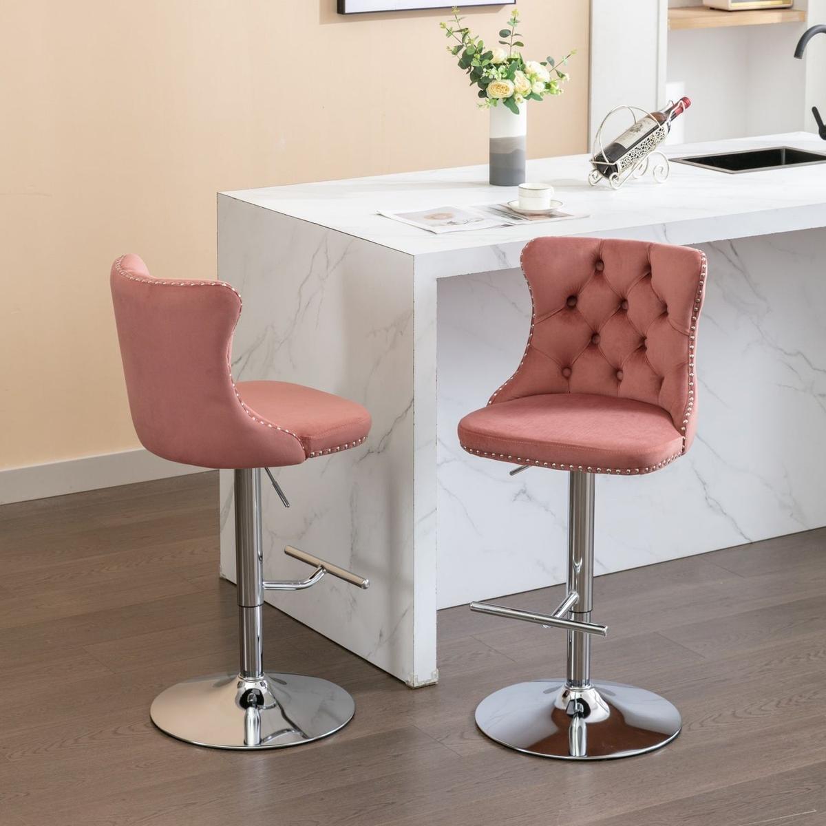 Swivel Velvet Barstools Adjusatble Seat Height from 25-33 Inch, Modern Upholstered Chrome base Bar Stools with Backs Comfortable Tufted for Home Pub and Kitchen Island, Pink,Set of 2