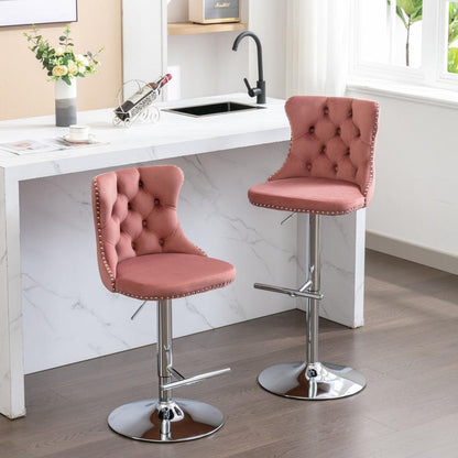 Swivel Velvet Barstools Adjusatble Seat Height from 25-33 Inch, Modern Upholstered Chrome base Bar Stools with Backs Comfortable Tufted for Home Pub and Kitchen Island, Pink,Set of 2