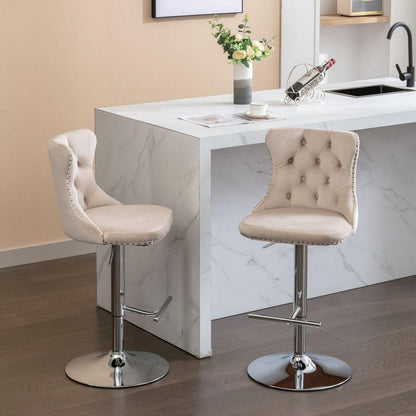 Swivel Velvet Barstools Adjusatble Seat Height from 25-33 Inch, Modern Upholstered Chrome base Bar Stools with Backs Comfortable Tufted for Home Pub and Kitchen Island, Beige,Set of 2