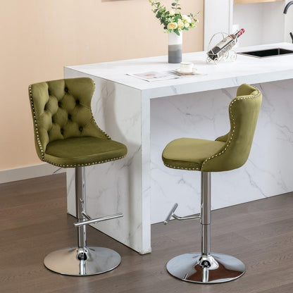 Swivel Velvet Barstools Adjusatble Seat Height from 25-33 Inch, Modern Upholstered Chrome base Bar Stools with Backs Comfortable Tufted for Home Pub and Kitchen Island, Olive-Green,Set of 2