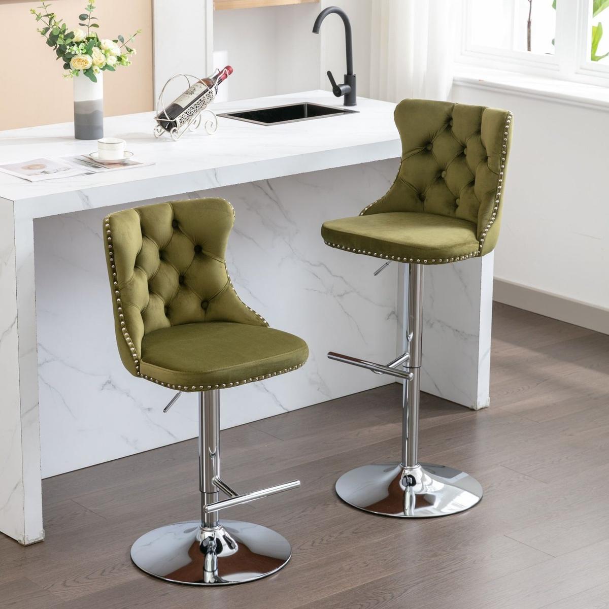 Swivel Velvet Barstools Adjusatble Seat Height from 25-33 Inch, Modern Upholstered Chrome base Bar Stools with Backs Comfortable Tufted for Home Pub and Kitchen Island, Olive-Green,Set of 2