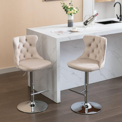 Swivel Velvet Barstools Adjusatble Seat Height from 25-33 Inch, Modern Upholstered Chrome base Bar Stools with Backs Comfortable Tufted for Home Pub and Kitchen Island, Beige,Set of 2